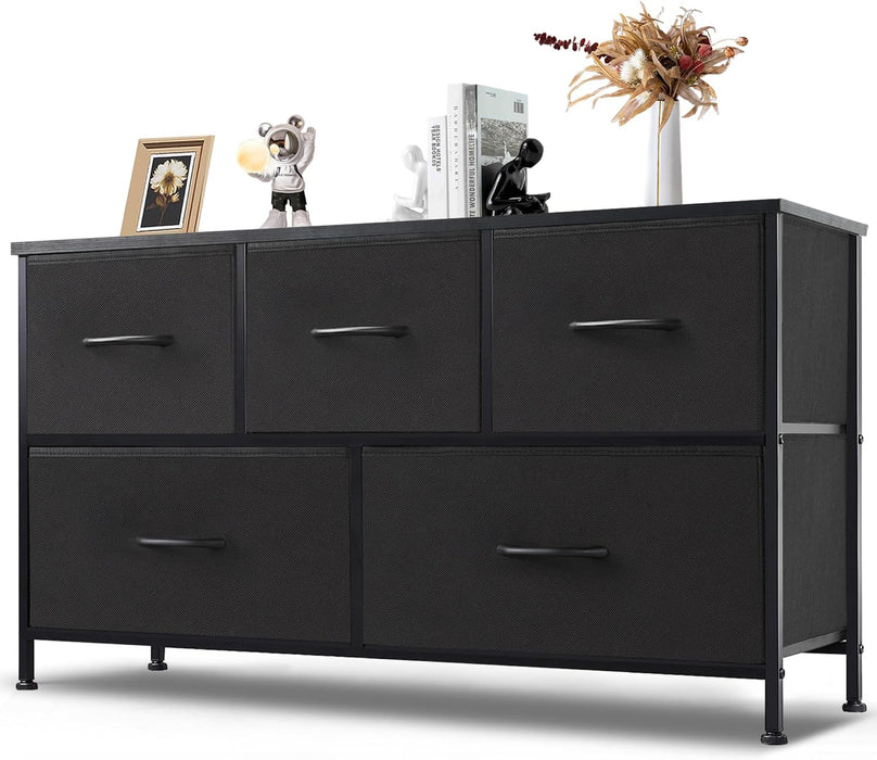 Bigleap 5 Drawer Dresser, Wide Chest Of Drawers Nightstand Storage Tower Storage Dresser Fabric Dresser With Wood Top for Living Room, Bedroom, Hallway, Nursery, Black