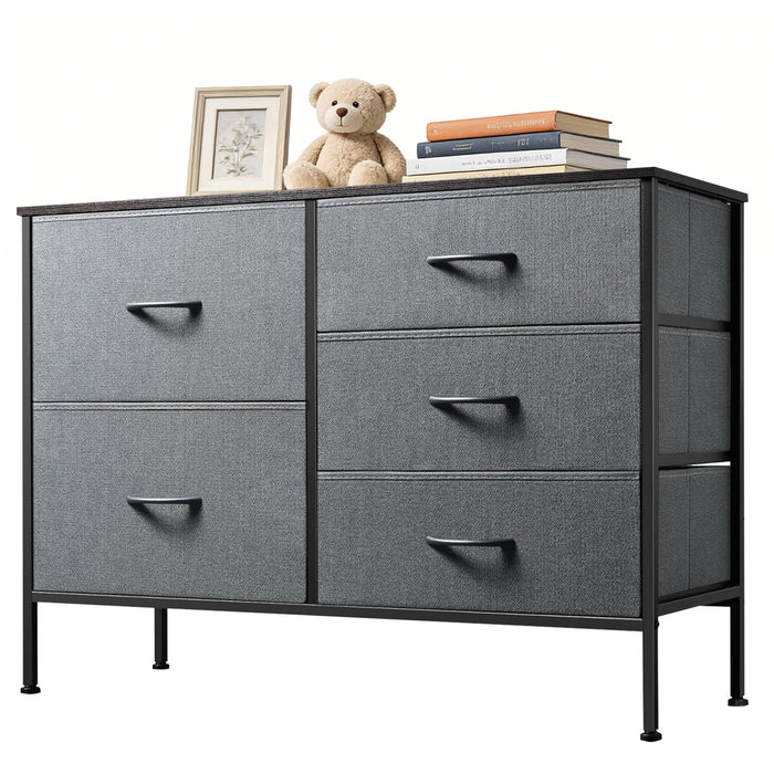 Bigleap 5-Drawer Fabric Dresser, Wide Storage Organizer Dresser for Bedroom, Living Room & Closet,Gray