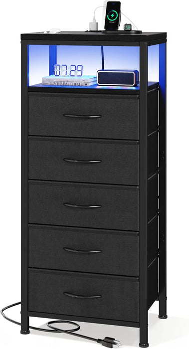 Bigleap Nightstand with Charging Station, 5-Drawer Bedside Table with USB/Type-C Ports, AC Outlets & LED Light Strip, Adjustable Feet, Black