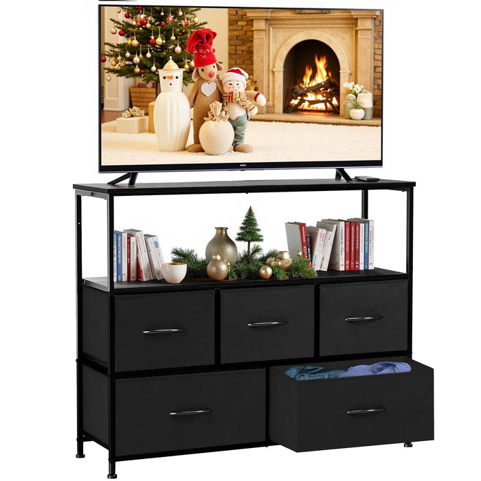 Bigleap TV Stand for Bedroom, TV Dresser for 45 inches, Media Console Table, Entertainment Center with 5 Fabric Drawers Cabinet and Open Storage Shelf Furniture Cabinet for Living Room, Black