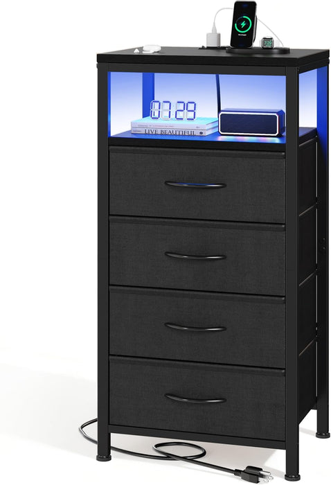 Bigleap Nightstand with Charging Station, 4-Drawer Bedside Table with USB/Type-C Ports, AC Outlets & LED Light Strip, Adjustable Feet, Black