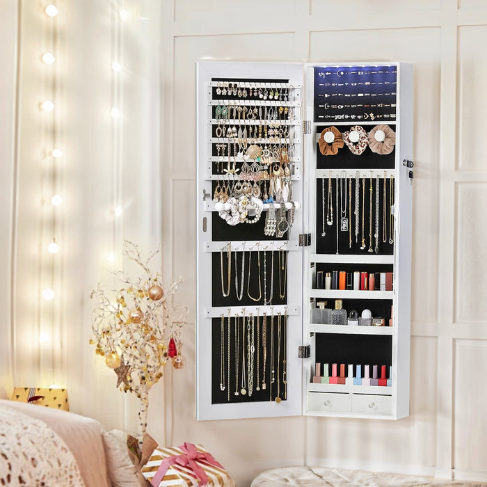 Simenmax Mirror Jewellery Cabinet Lockable Wall Mounted Jewelry Armoire Organizer with LED Light