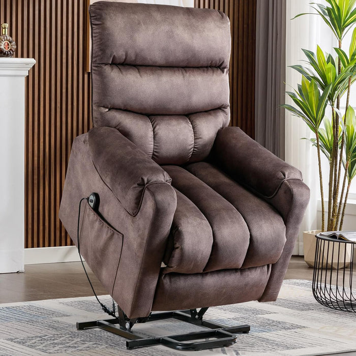 Yangming Power Lift Recliner Chair for Elderly Old People, Lift Chair for Seniors Fabric Reclining Chair with Side Pocket, Sofa Chair for Living Room with Overstuffed Armrest, Brown