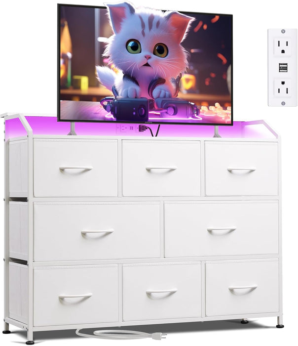 Bigleap LED TV Stand 8-Drawer Dresser with Charging Station, Fabric Chest of Drawers for Bedroom, Living Room, Hallway & Entryway, White