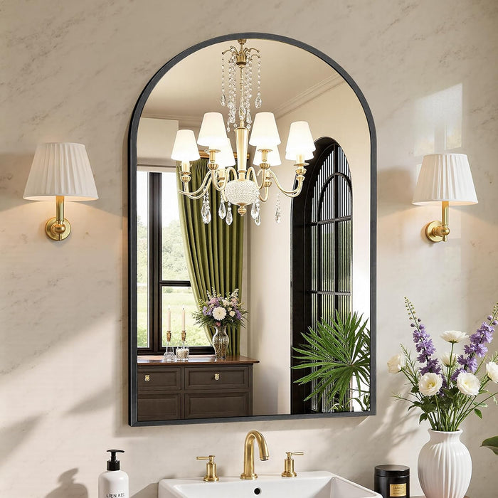 Beddle Arch Wall Mirror, Black Aluminum Alloy Framed Mirror for Bathroom, Living Room, Bedroom, Hallway