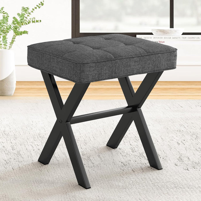 Bigleap Square Ottoman Stool - Gray Linen Footrest, Vanity Stool with Metal Legs, Small Space-Saving Seat for Living Room, Bedroom & Entryway