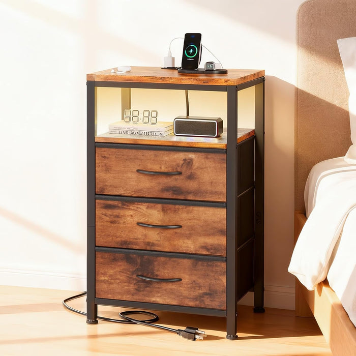 Bigleap Nightstand with Charging Station, 3-Drawer Bedside Table with USB/Type-C Ports, AC Outlets & LED Light Strip, Adjustable Feet, Brown