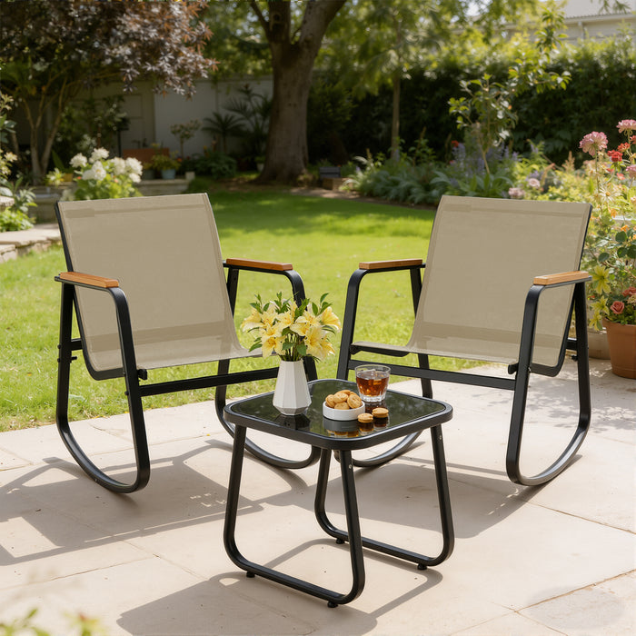 TINKLE WELL 3/4-Piece Outdoor Rocking Bistro Set – Textilene Rocking Chairs with Glass-Top Table for Porch, Lawn, Balcony, Black