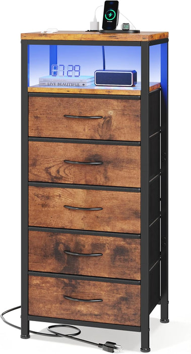 Bigleap Nightstand with Charging Station, 5-Drawer Bedside Table with USB/Type-C Ports, AC Outlets & LED Light Strip, Adjustable Feet, Brown