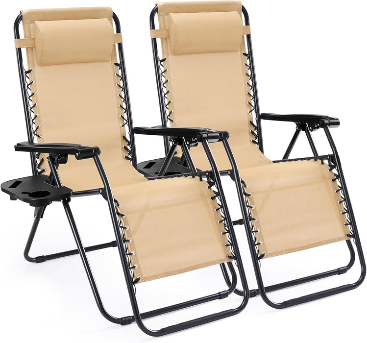 Simenmax Zero Gravity Chairs Set of 2 – Portable Folding Recliner with Cup Holder Trays & Adjustable Pillow for Beach, Camping, Patio, Poolside, Lawn, Khaki