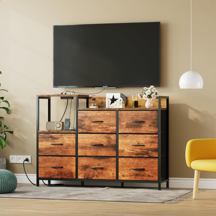 Bigleap 47" TV Stand with 8 Drawers, Entertainment Center with Charging Station, Fabric Dresser Storage Cabinet for Living Room, Bedroom, Brown