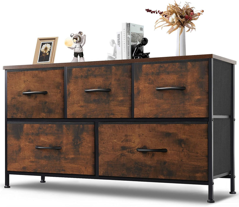 Bigleap 5 Drawer Dresser, Wide Chest Of Drawers Nightstand Storage Tower Storage Dresser Fabric Dresser With Wood Top for Living Room, Bedroom, Hallway, Nursery, Rust