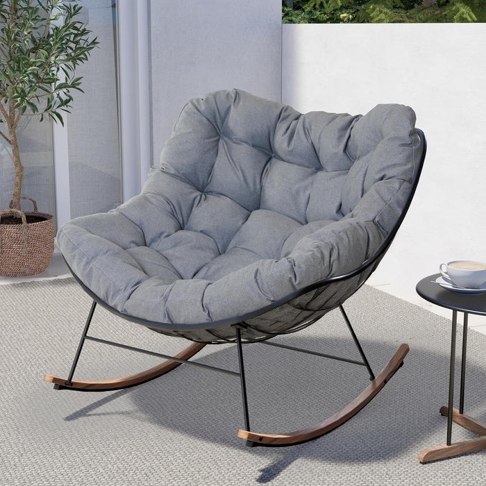 Egg-Shaped Rocking Chair Indoor &Outdoor, E-Coated Papasan Rocking Chair with Cushion, Super Comfortable Leisure Chair for Living Romm, Patio, Porch, Garden, Backyard, Grey