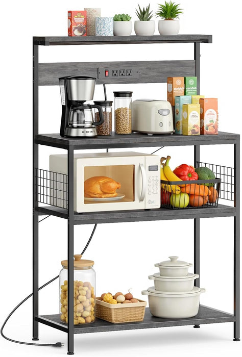 Simenmax 31.5" Kitchen Bakers Rack with Power Outlet, 4-Tier Adjustable Microwave Stand, Coffee Bar Station, Gray Storage Shelf Appliance Organizer