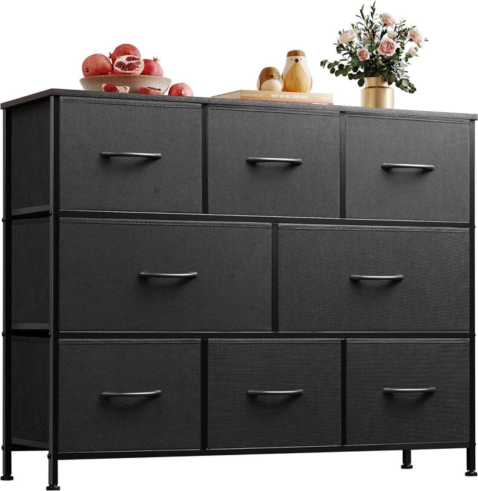 Bigleap TV Stand 8 Drawer Dresser for Bedroom, Large Storage Fabric Dresser with Wood Top, Versatile Chest of Drawers for Living Room, Closet, Entryway,Black