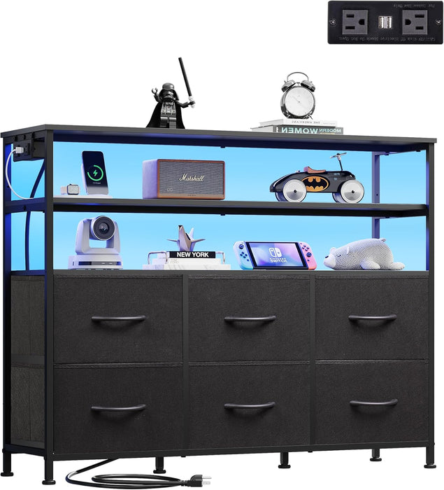 Bigleap TV Stand for 40-45 Inch TVs, 6 Fabric Dresser with RGB LED Lights, Entertainment Center with Charging Station, Black