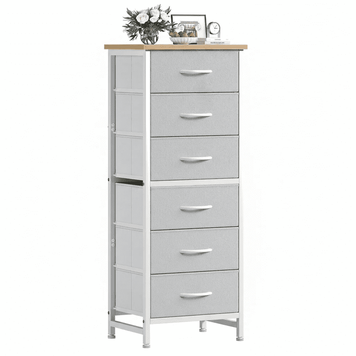 Simenmax 6-Drawer Dresser with Removable Bins, Slim Storage Tower with Sturdy Steel Frame, Fabric Chest of Drawers for Bedroom, Closet, Entryway, Light Gray