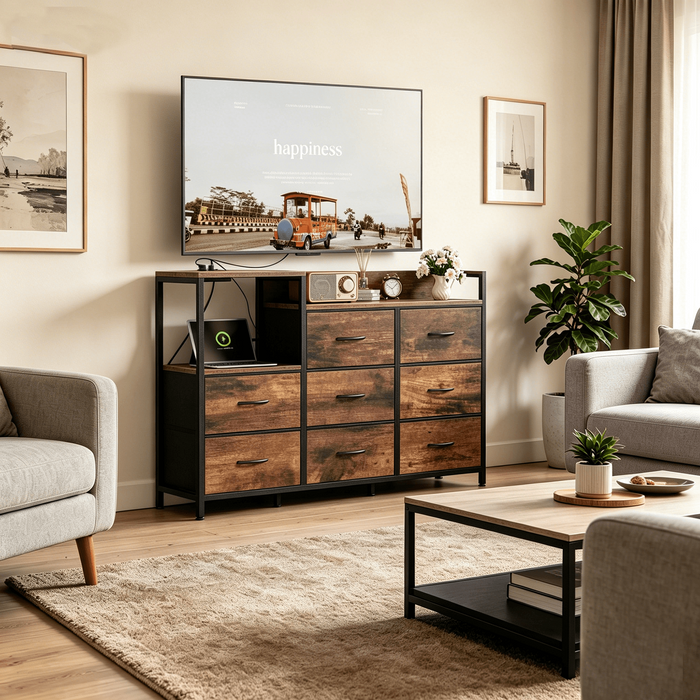 Taoset 8-Drawer Console for Wall-Mounted TV, 48" Media Dresser with Built-in Charging Station, Heavy-Duty 1.5mm Steel Frame, Minimalist Under-TV Storage for Bedroom & Living Room,Rust Brown