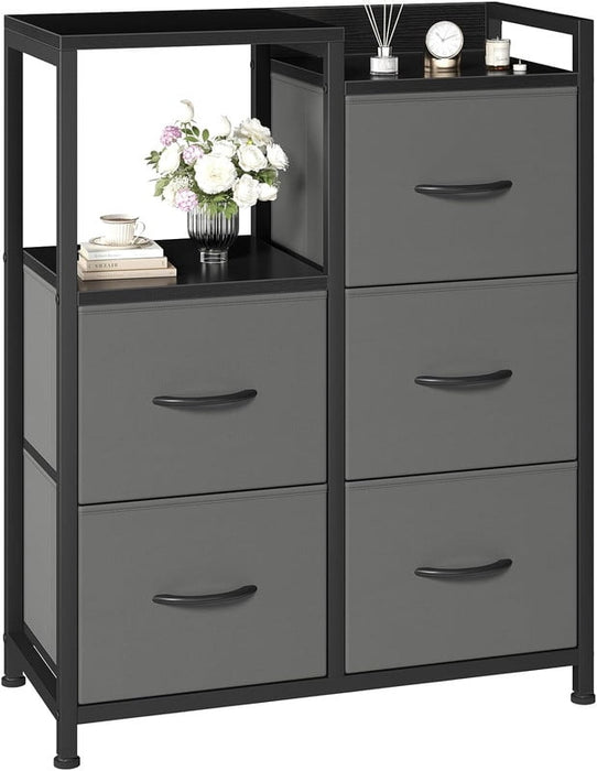 Simenmax 5-Drawer Fabric Dresser with Side Cabinet with Open Shelf, 26" Wide Storage Tower for Bedroom, Closet, Hallway, Entryway, Living Room, Gray