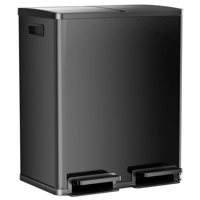 Simenmax Dual Compartment Trash Can – 60L Glossy Black Stainless Steel Kitchen Garbage Bin with Soft-Close Foot Pedal & Removable Inner Buckets for Home Office