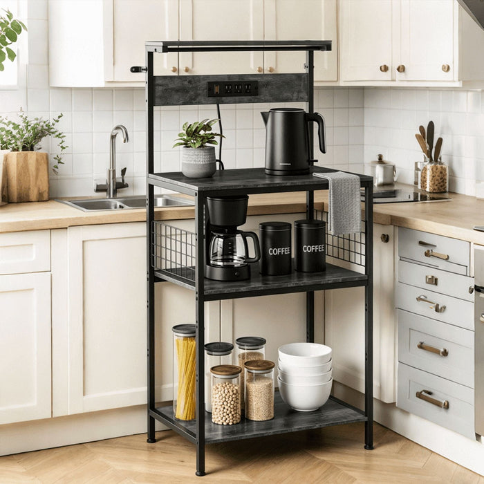 Blorly Baker's Rack with Power Outlet & LED Light, 23.6" 4-Tier Kitchen Storage Shelf with Waterproof Desktop, Microwave Stand with Wire Basket & 6 Hooks, Wide Coffee Bar Station, Gray
