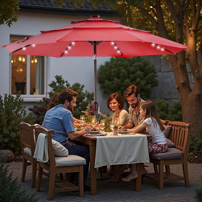 Betcozy 9.2' Outdoor Patio Umbrella with LED Lights, Umbrella with 8 Sturdy Ribs for Outdoor Table, Yard, Market, Push Button Tilt and Crank, Red