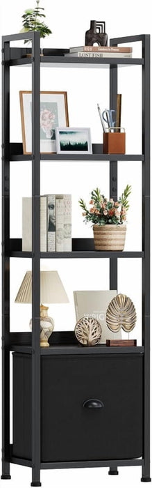 Simenmax 5-Tier Bookshelf, Floor Standing Storage Rack with Fabric Drawer, Space-Saving Bookcase for Bedroom Living Room Home Office,Black