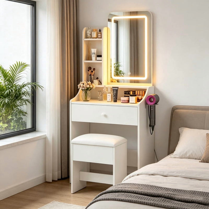 Bigleap Makeup Vanity with Lights, 3-Color LED Mirror & Power Outlet, Beauty Station with Drawers for Bedroom (White)