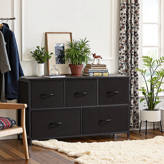 Simenmax 5 Storage Dresser for Bedroom, Wide Fabric Closet Chests Organizer Tower Furniture, Black