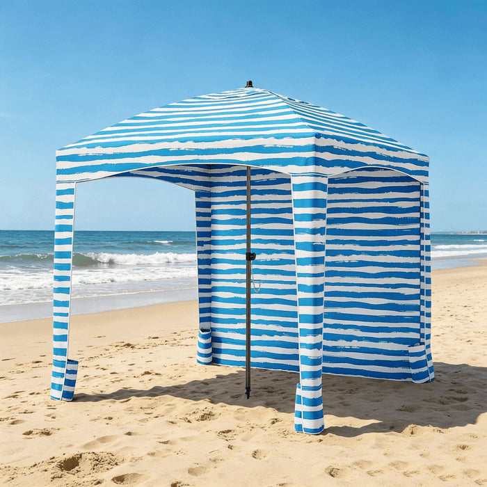 Blorly Heavy Duty Beach Tent Sun Shade with Sandbags Anchor, 6x6ft Windproof Camping Shelter with Detachable Side Curtain, UPF 50+ UV Protection Pop Up Umbrella for Outdoor, Lawn, Lakesides, Light Blue
