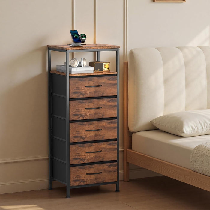 Blorly Smart Nightstand with LED Lights & Charging Station | Remote App Control Bedside Table | 2 AC Outlets, USB-C Port, 5 Drawer Storage | Modern End Table for Bedroom, Rust