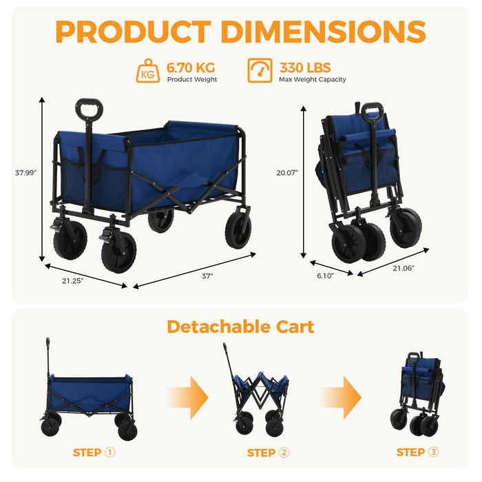 Foldable Wagon Cart, with All-terrain Wheels, Collapsible Wagon Utility Cart for Grocery Shopping, Camping, Fishing, Travel, Beach, Heavy Duty