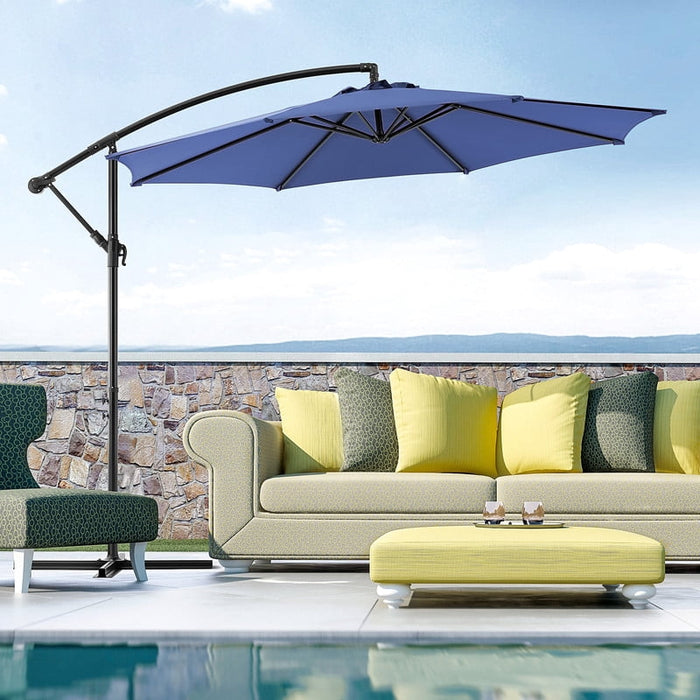Simenmax 9.8FT Offset Cantilever Patio Umbrella, Heavy Duty Outdoor Hanging Market Umbrella with Crank Lift for Backyard, Pool, Garden, Deck (Blue)