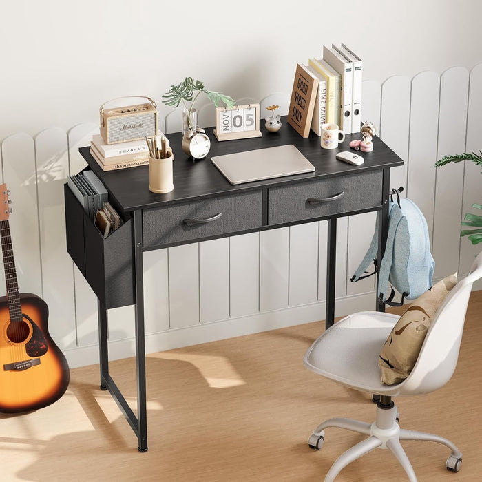 Betcozy Small Desk, 32 Inch Black Desk With Fabric Storage Drawers, Computer Desk for Bedroom, Gaming, Writing, Study