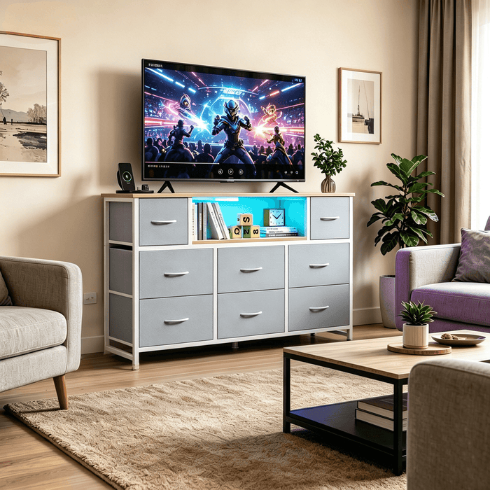 Blorly 8-Drawer TV Stand with LED Lights, Entertainment Center with Open Storage Shelf, Up for 50/55 inch TV, Media Console with Charging Station for Bedroom & Living Room, Light Gray