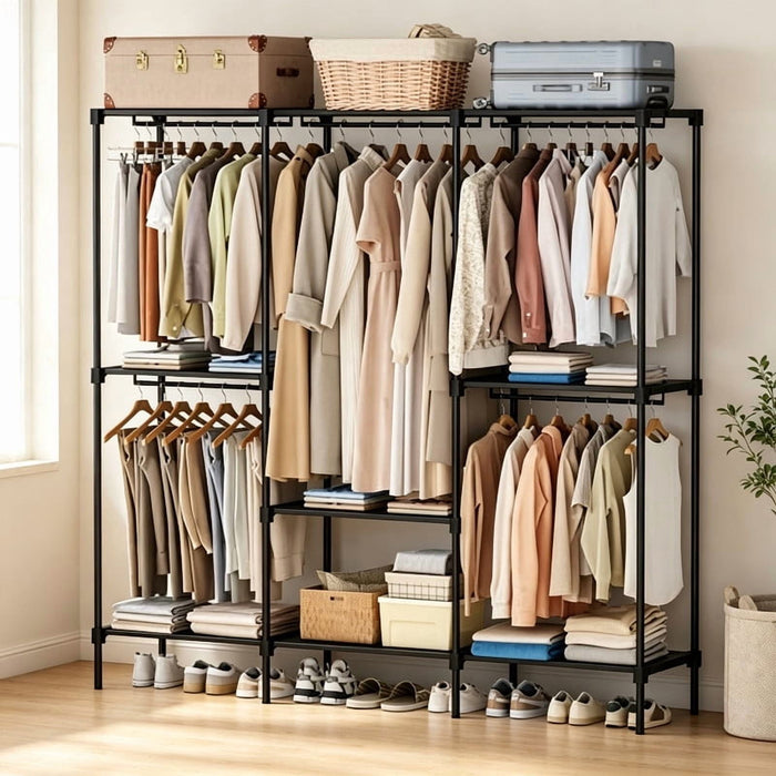 Betcozy Open Closet Organizer, 80.7" Width Double Hanging‑Rod Metal Garment Rack with Removable Multi‑Tier Storage Shelves