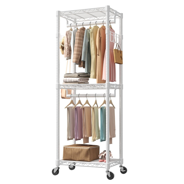Blorly Heavy Duty Wire Garment Rack with Wheels, 23.6" Wide 3-Tier Rolling Clothes Rack with Dual Hanging Rods, Adjustable Metal Wardrobe Storage Organizer for Hanging Clothes, Shoes, Laundry Room, White