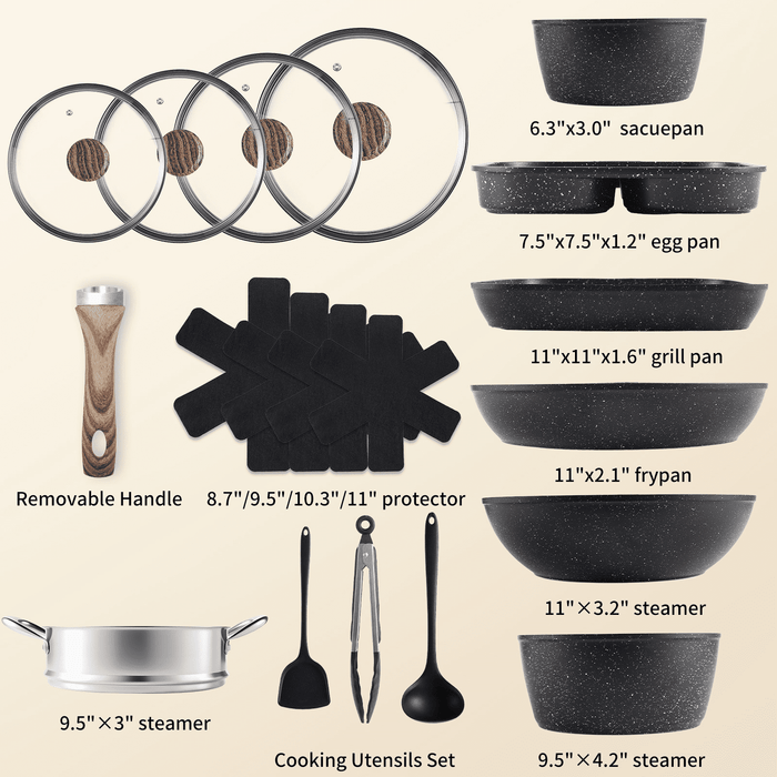 Aidoly Pots and Pans, Pcs Kitchen Cookware Sets with Removable Handle, Nonstick, StackableAidoly Pots and Pans, Kitchen Cookware Sets with Removable Handle, Nonstick, Stackable
