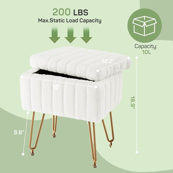 Parcus Faux Fur Vanity Stool with Storage, 16"L x 12.2"W x 18.9"H, Makeup Ottoman Chair with Padded Seat, 4 Metal Legs & Adjustable Anti-Slip Feet