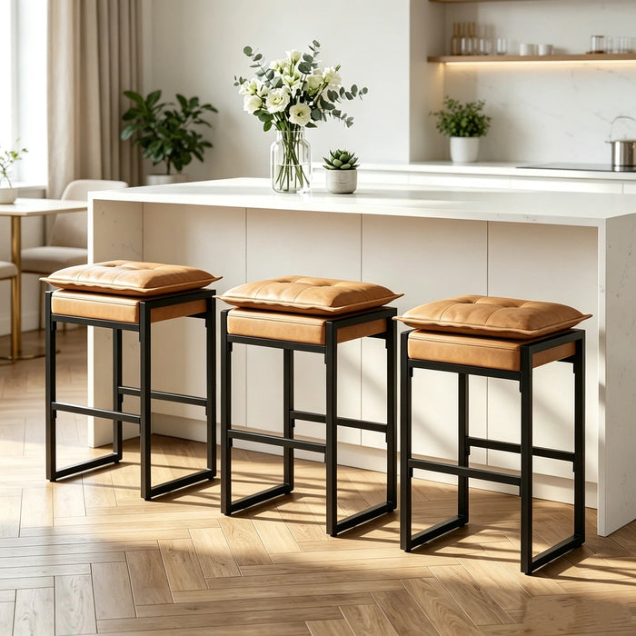 Modern Counter Height Bar Stools Set of 3, Metal Frame with Double Cushion & Footrest, for Kitchen Island & Home Bar, Brown