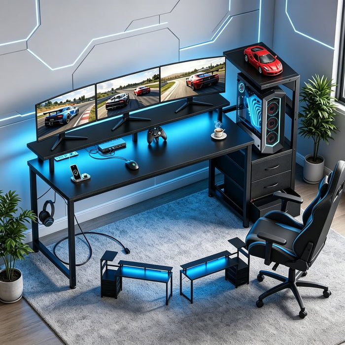 Betcozy Gaming Desk with LED Lights and 3 Drawers, Reversible Computer Desk with Full Monitor Stand and Power Outlet, 59" Home Office Desk with CPU Storage Tower, Carbon Fiber Black