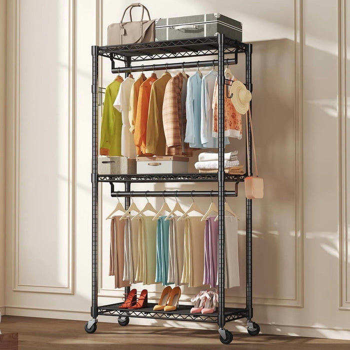 Bigleap 35" Rolling Garment Rack with Wheels, 360° Lockable Clothing Rack, Double Rods & Side Hooks, Adjustable Freestanding Clothes Organizer for Bedroom, Laundry, Retail,Black