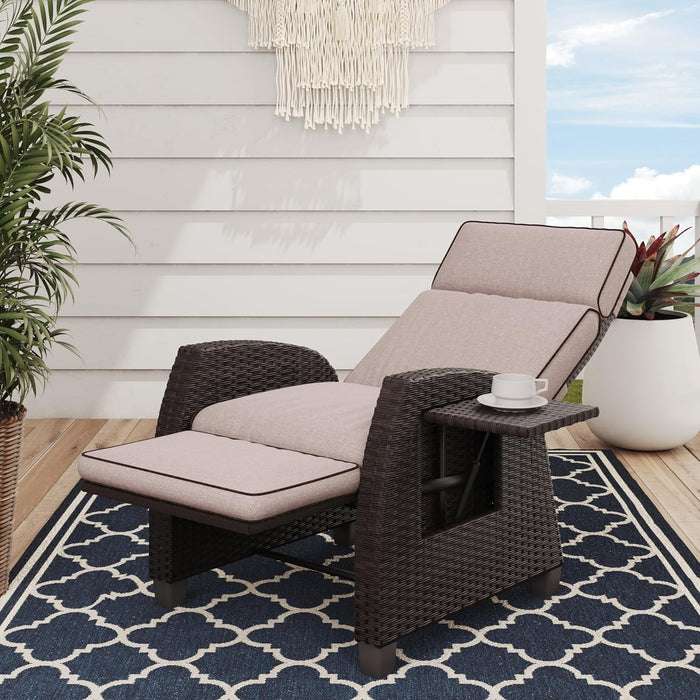 Betcozy Recliner Chair with Seat Cushion, Hand-Woven Wicker Garden Chair, Adjustable Backrest, Rattan Sun Lounger for Indoor Outdoor Use, Beige