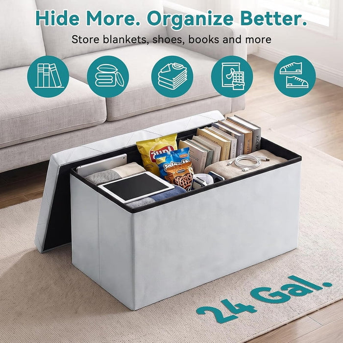 Nextay 30" Folding Storage Ottoman Bench, PVC Fabric Footrest Stool with Hidden Storage, Gray