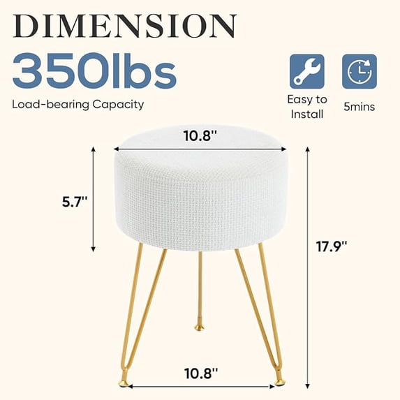 Aidoly Round Storage Vanity Stool Ottoman, 350LB Heavy-Duty Support, 4cm Plush Seat with Soft Wipe-Clean Velvet, Footrest Chair for Bedroom, Living Room, or Dressing Table