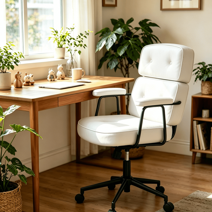 Taoset Luxury Executive Office Chair, Ergonomic High-Back Desk Chair with Double-Layered Lumbar Support, Adjustable PU Leather Computer Chair with Padded Armrests for Home Office, Conference, 300 lbs, White