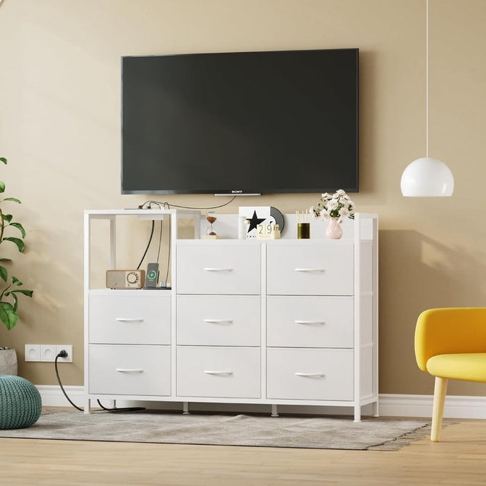 Bigleap 47" TV Stand with 8 Drawers, Entertainment Center with Charging Station, Fabric Dresser Storage Cabinet for Living Room, Bedroom, White