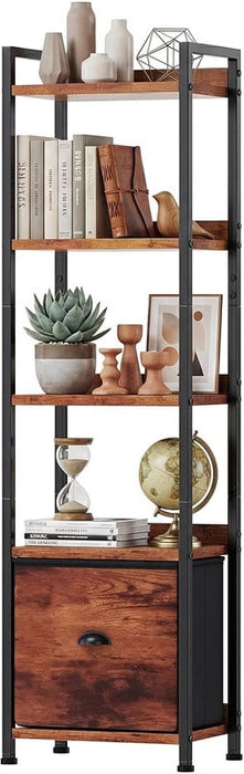 Bigleap 5-Tier Narrow Bookshelf with Fabric Drawer, Tall Slim Bookcase for Small Spaces, Industrial Storage Rack for Living Room, Bedroom, Home Office, Brown