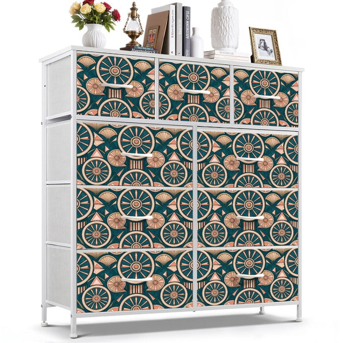 Betcozy 9 Drawers Fabric Dresser with White Metal Frame, Storage Tower for Bedroom, Baroque Botanical Blue Orange