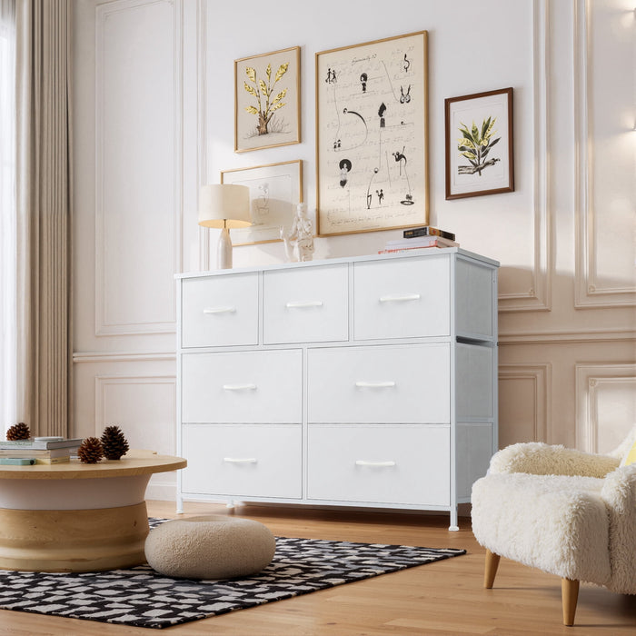 Betcozy 7-Drawer Fabric Dresser, Horizontal TV Stand & Main Bedroom Clothes Storage Unit, Metal Frame with Wooden Top, White